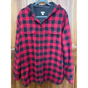LL Bean Mens Red Black Buffalo Plaid Flannel Fleece Lined Hooded Shirt Jacket XL